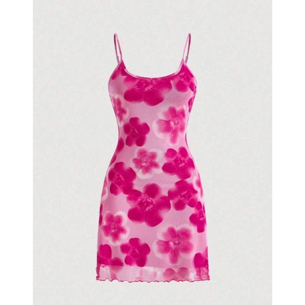 Women's Floral Mesh Bodycon Camisole Mini Dress summer sleeveless mesh pink sz L
